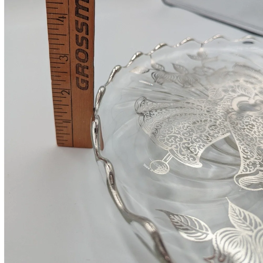 Vintage Glass Cake Stand Silver Overlay Wedding Bells Floral Ruffled 11.5in